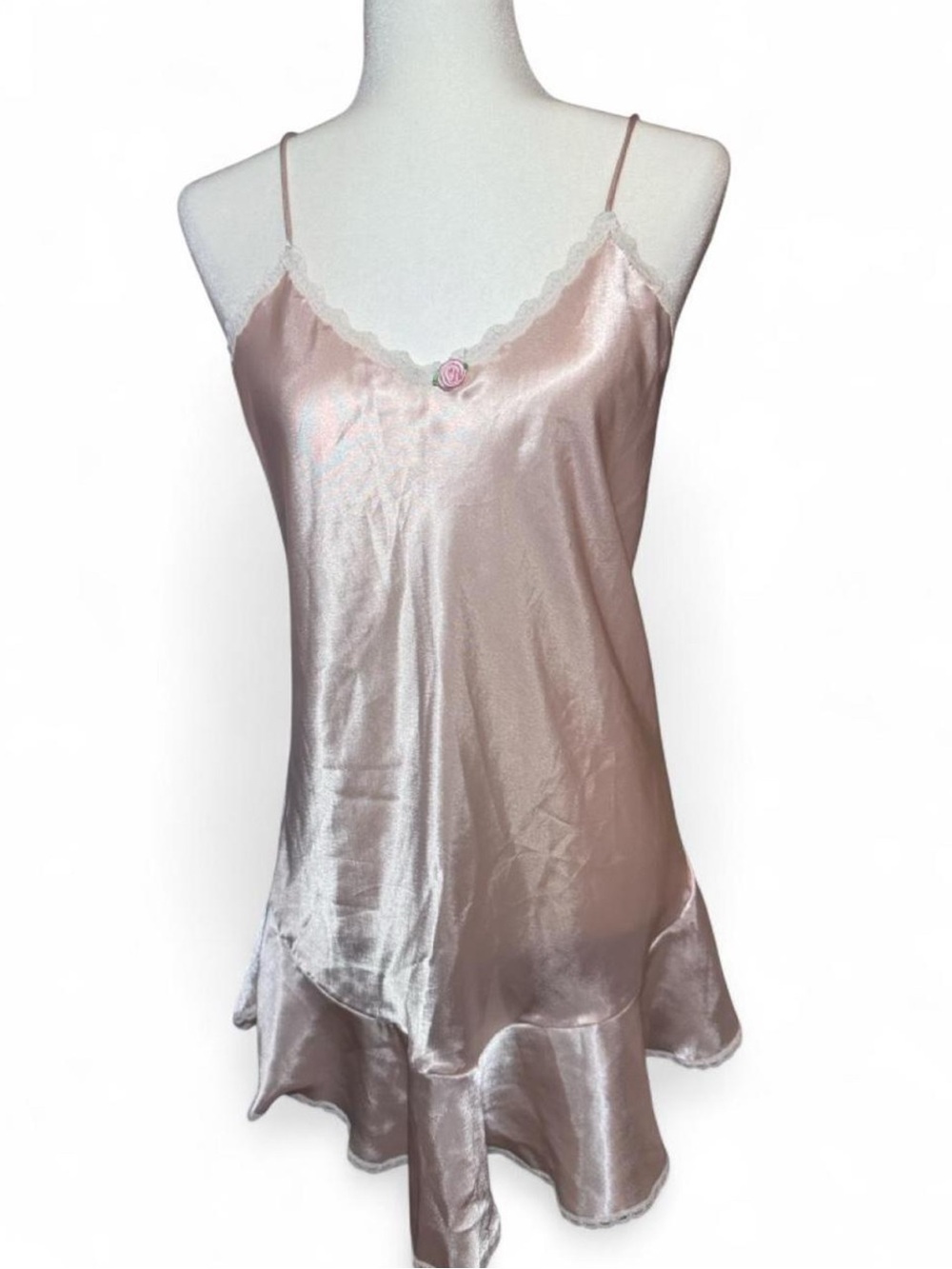 Vintage Silky Pink Satin Chemise Nightdress with Lace Trim